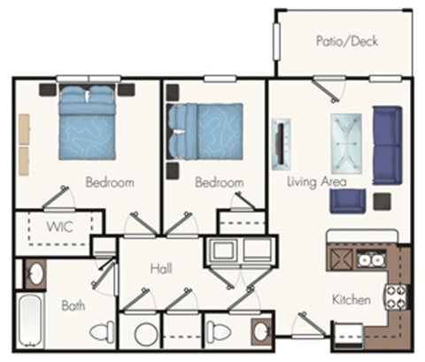 A floor plan of a house with two bedrooms, a living area, a kitchen, a bathroom, a hall, and a patio/deck.
